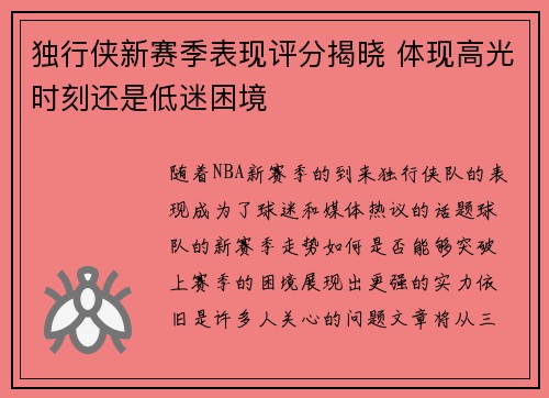 独行侠新赛季表现评分揭晓 体现高光时刻还是低迷困境
