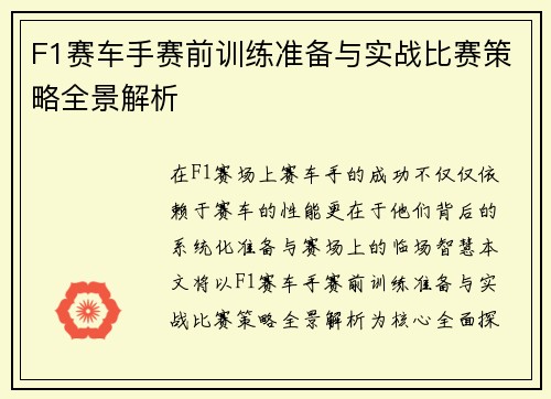 F1赛车手赛前训练准备与实战比赛策略全景解析